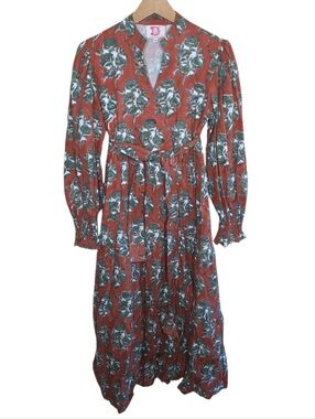 Victoria Dunn Rust Brown & Green Print Long Sleeve Midi Dress Size XS Southern